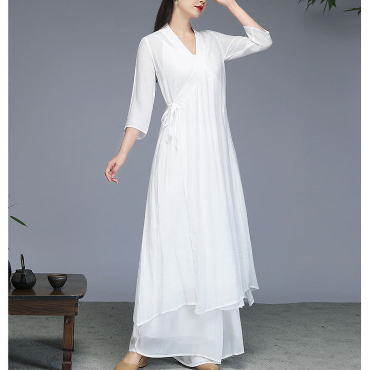 Midikleid im Hanfu-Stil mit Buddha-Steinen, Hose mit weitem Bein, Meditation, Zen-Praxis, Yoga, Tanzkleidung