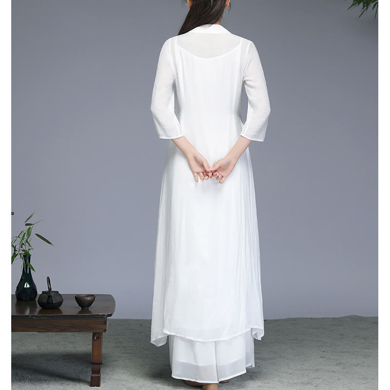 Midikleid im Hanfu-Stil mit Buddha-Steinen, Hose mit weitem Bein, Meditation, Zen-Praxis, Yoga, Tanzkleidung