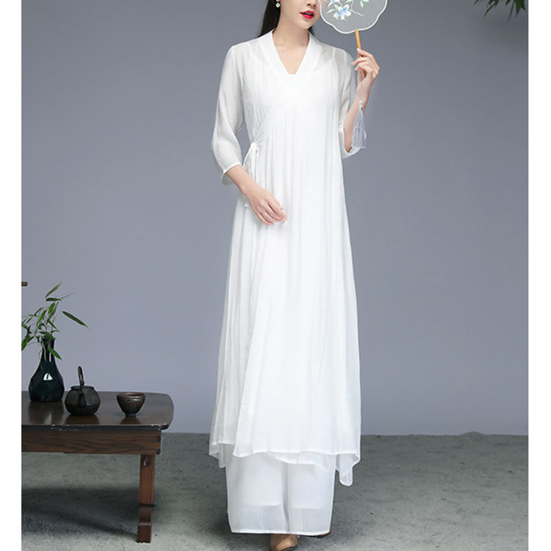 Midikleid im Hanfu-Stil mit Buddha-Steinen, Hose mit weitem Bein, Meditation, Zen-Praxis, Yoga, Tanzkleidung