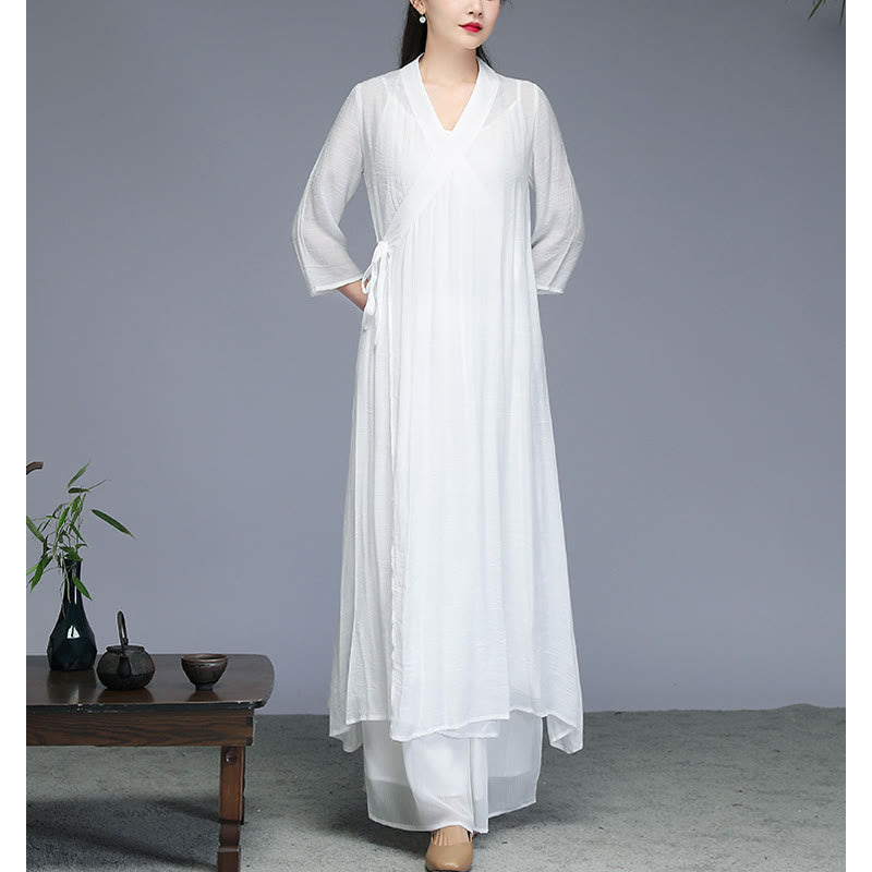 Midikleid im Hanfu-Stil mit Buddha-Steinen, Hose mit weitem Bein, Meditation, Zen-Praxis, Yoga, Tanzkleidung