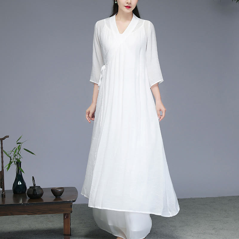 Midikleid im Hanfu-Stil mit Buddha-Steinen, Hose mit weitem Bein, Meditation, Zen-Praxis, Yoga, Tanzkleidung