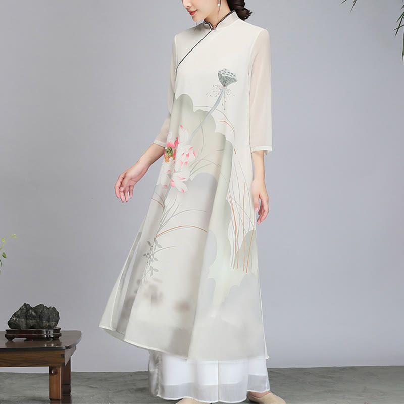 Buddha-Steine, Lotusblüten-Schote, Chiffon, Cheongsam, Midikleid, Meditation, Zen-Praxis, Kleidung