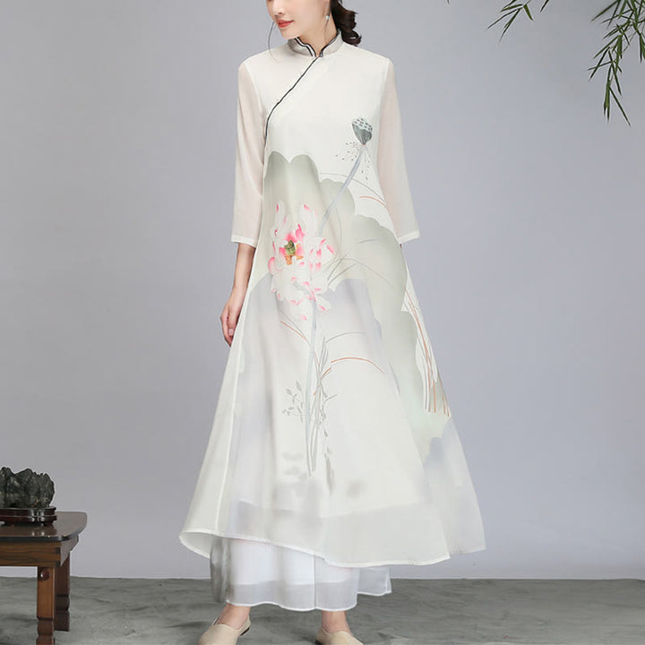 Buddha-Steine, Lotusblüten-Schote, Chiffon, Cheongsam, Midikleid, Meditation, Zen-Praxis, Kleidung