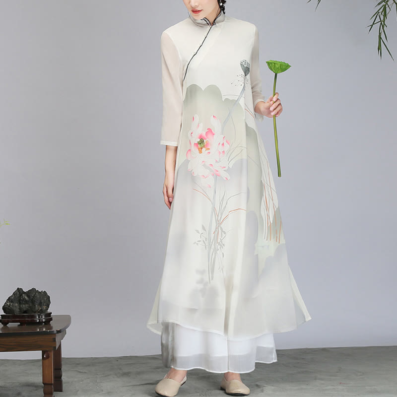 Buddha-Steine, Lotusblüten-Schote, Chiffon, Cheongsam, Midikleid, Meditation, Zen-Praxis, Kleidung