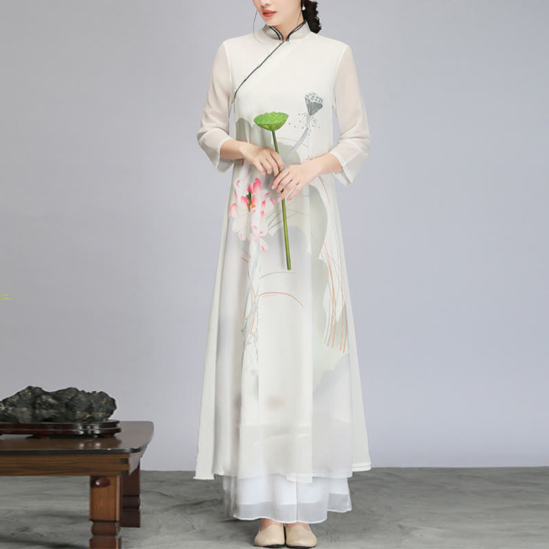 Buddha-Steine, Lotusblüten-Schote, Chiffon, Cheongsam, Midikleid, Meditation, Zen-Praxis, Kleidung