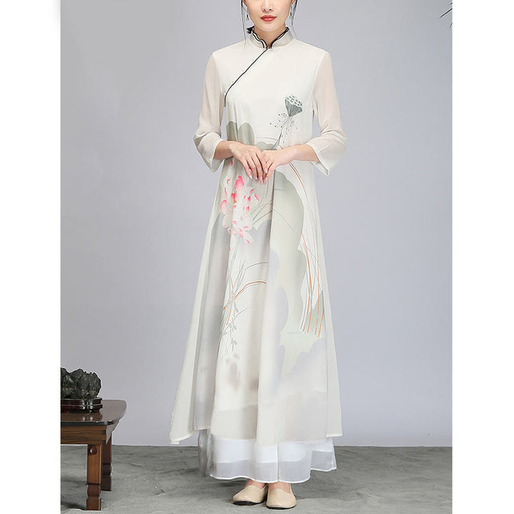 Buddha-Steine, Lotusblüten-Schote, Chiffon, Cheongsam, Midikleid, Meditation, Zen-Praxis, Kleidung - image 4