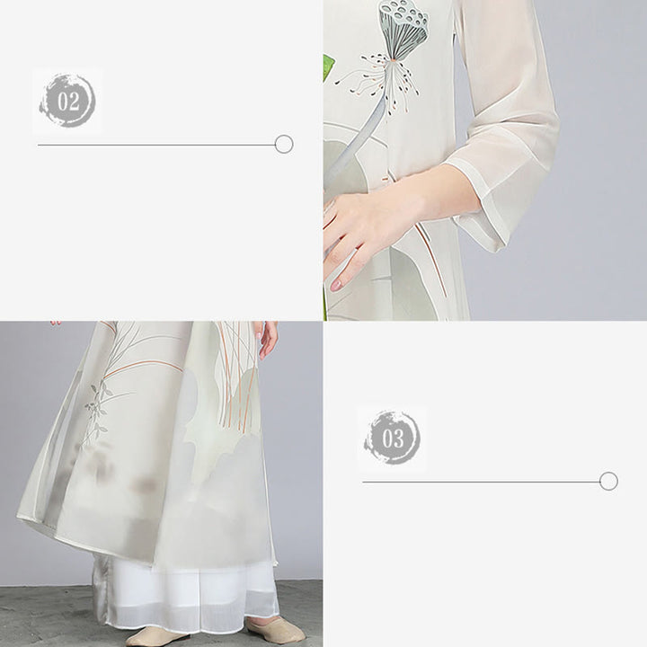 Buddha-Steine, Lotusblüten-Schote, Chiffon, Cheongsam, Midikleid, Meditation, Zen-Praxis, Kleidung