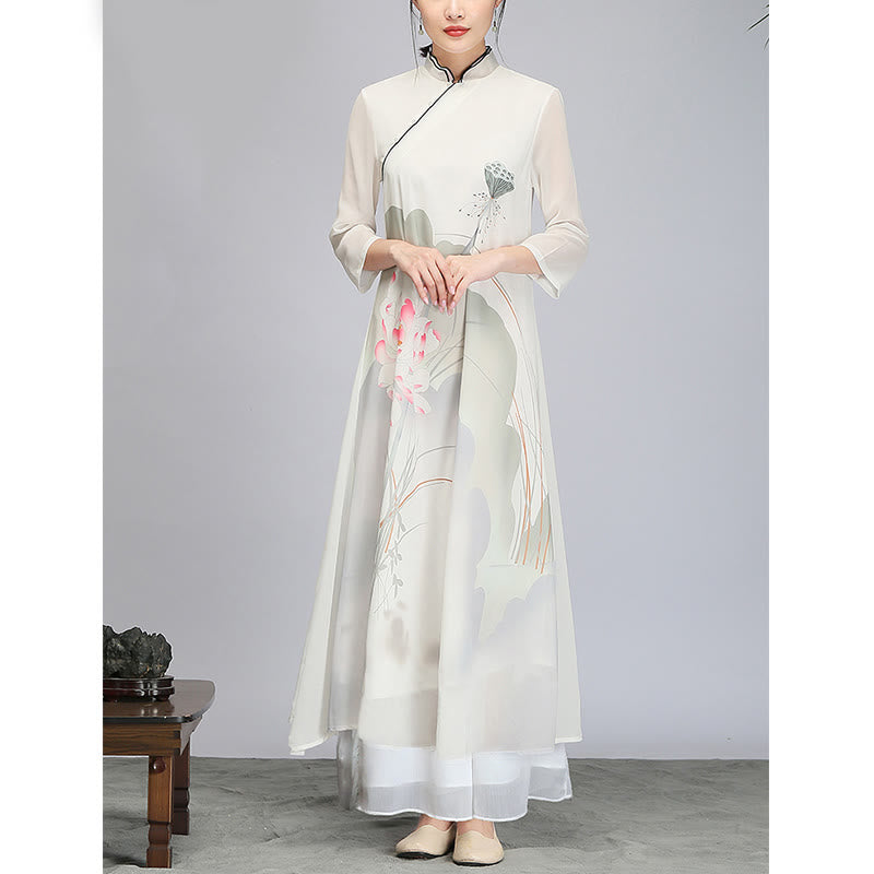 Buddha-Steine, Lotusblüten-Schote, Chiffon, Cheongsam, Midikleid, Meditation, Zen-Praxis, Kleidung