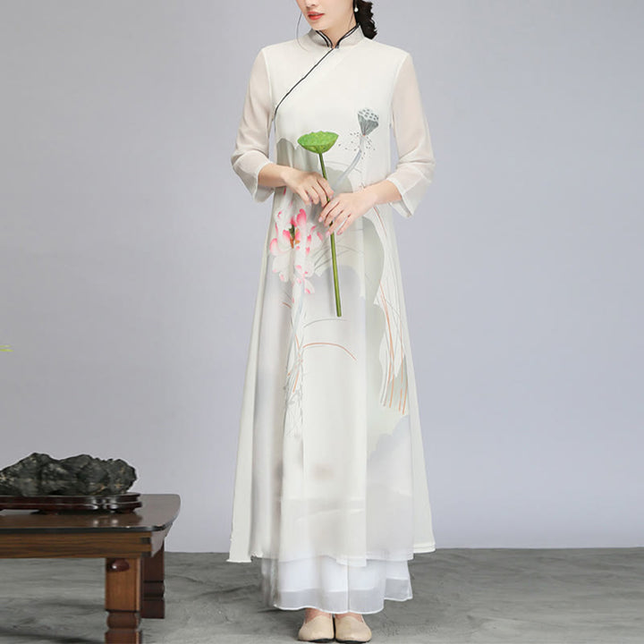 Buddha-Steine, Lotusblüten-Schote, Chiffon, Cheongsam, Midikleid, Meditation, Zen-Praxis, Kleidung - image 3