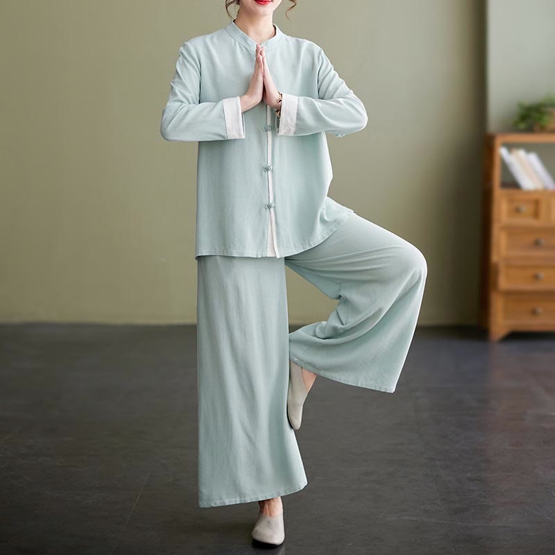 Buddha Stones ​​2-teiliges Tang-Anzug-Set, Langarmshirt, Hose, Meditations-, Zen- und Tai-Chi-Mischgewebe, Baumwoll-Leinen-Kleidung für Damen - Grün (Oberteil & Hose) - US 8-10, UK/AU 12-14, EU 40-42 (2XL) - image 15