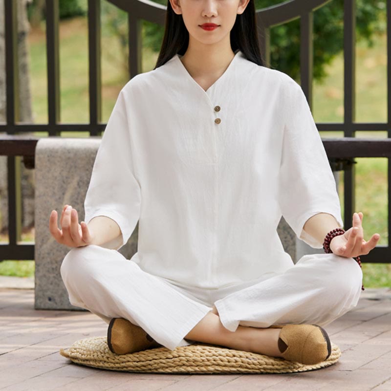 Buddha Stones 2-teiliges Set mit Hemd, Oberteil und Hose, Meditation, Zen, Tai Chi, Baumwolle und Leinen, Damen - Weiß (Oberteil und Hose) - US8-10， UK/AU12-14，EU40-42 (2XL) - image 0