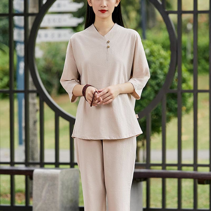 Buddha Stones 2-teiliges Set mit Hemd, Oberteil und Hose, Meditation, Zen, Tai Chi, Baumwolle und Leinen, Damen - Khaki (Oberteil und Hose) - US8-10， UK/AU12-14，EU40-42 (2XL) - image 6