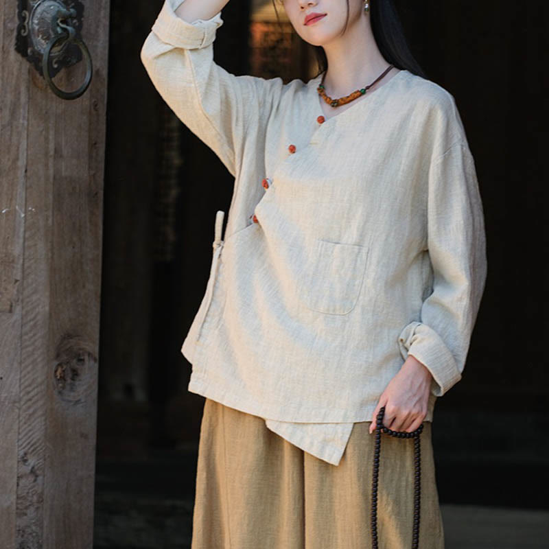 Buddha-Steine, einfarbig, Ramie-Leinen, lockere Bluse, Langarmshirt, chinesisches Hanfu-Oberteil - image 1