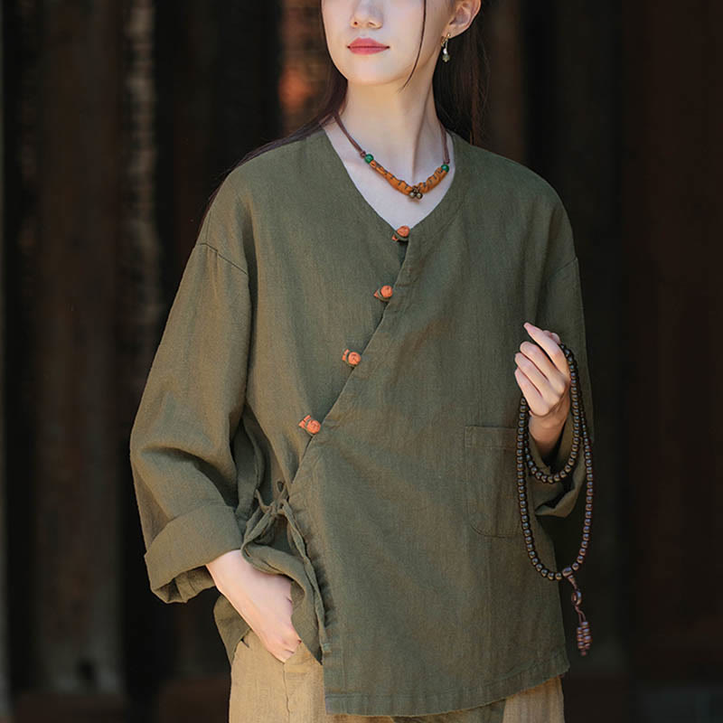Buddha-Steine, einfarbig, Ramie-Leinen, lockere Bluse, Langarmshirt, chinesisches Hanfu-Oberteil - Grün (Brustumfang 116 cm) (nur Oberteil) - image 9