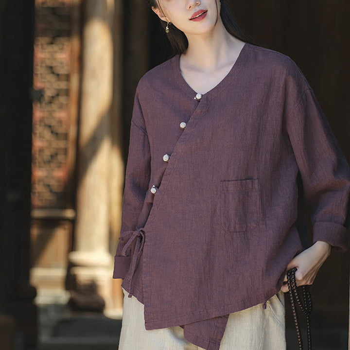 Buddha-Steine, einfarbig, Ramie-Leinen, lockere Bluse, Langarmshirt, chinesisches Hanfu-Oberteil - Lila (Brustumfang 116 cm) (nur Oberteil) - image 16