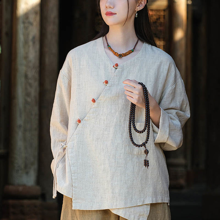 Buddha-Steine, einfarbig, Ramie-Leinen, lockere Bluse, Langarmshirt, chinesisches Hanfu-Oberteil - Beige (Brustumfang 116 cm) (Nur Oberteil) - image 0