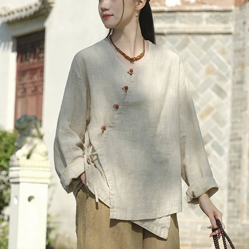 Buddha-Steine, einfarbig, Ramie-Leinen, lockere Bluse, Langarmshirt, chinesisches Hanfu-Oberteil - image 5