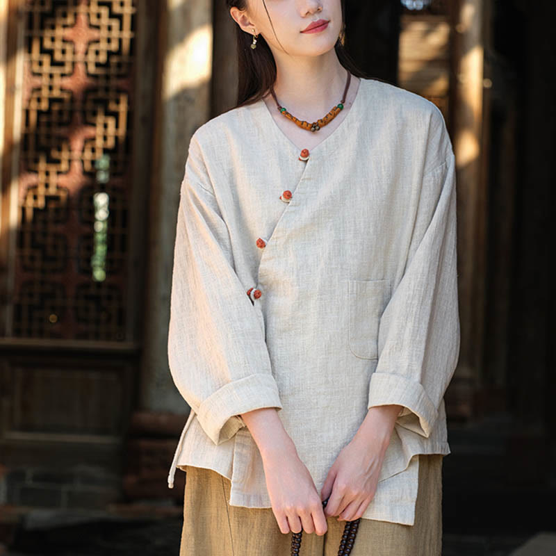 Buddha-Steine, einfarbig, Ramie-Leinen, lockere Bluse, Langarmshirt, chinesisches Hanfu-Oberteil - image 4