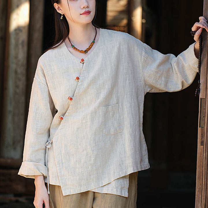 Buddha-Steine, einfarbig, Ramie-Leinen, lockere Bluse, Langarmshirt, chinesisches Hanfu-Oberteil - image 2