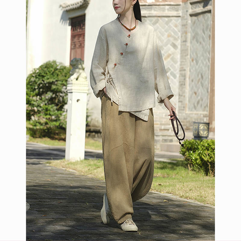 Buddha-Steine, einfarbig, Ramie-Leinen, lockere Bluse, Langarmshirt, chinesisches Hanfu-Oberteil - image 6