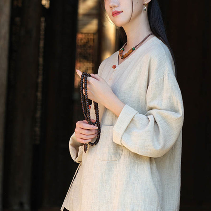 Buddha-Steine, einfarbig, Ramie-Leinen, lockere Bluse, Langarmshirt, chinesisches Hanfu-Oberteil - image 3