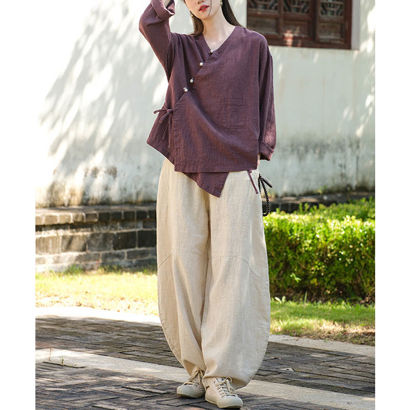 Buddha-Steine, einfarbig, Ramie-Leinen, lockere Bluse, Langarmshirt, chinesisches Hanfu-Oberteil - image 23