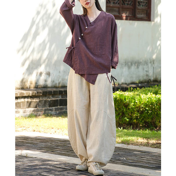 Buddha-Steine, einfarbig, Ramie-Leinen, lockere Bluse, Langarmshirt, chinesisches Hanfu-Oberteil - image 23