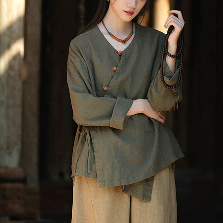 Buddha-Steine, einfarbig, Ramie-Leinen, lockere Bluse, Langarmshirt, chinesisches Hanfu-Oberteil - image 10