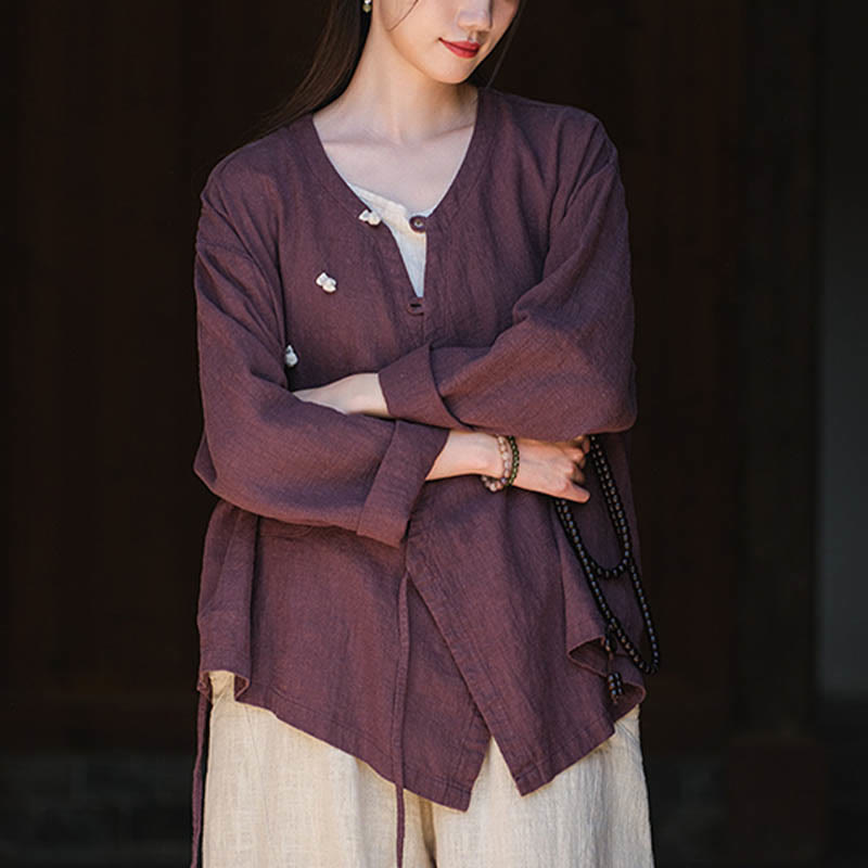 Buddha-Steine, einfarbig, Ramie-Leinen, lockere Bluse, Langarmshirt, chinesisches Hanfu-Oberteil - image 20