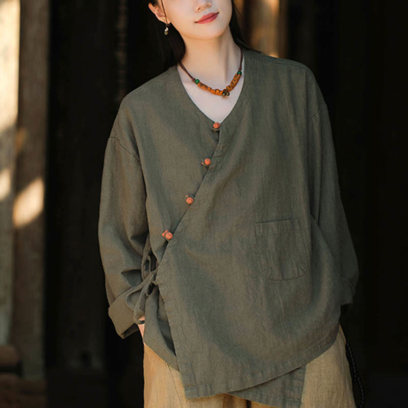 Buddha-Steine, einfarbig, Ramie-Leinen, lockere Bluse, Langarmshirt, chinesisches Hanfu-Oberteil - image 11