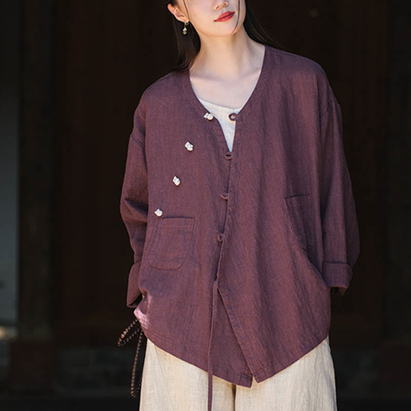 Buddha-Steine, einfarbig, Ramie-Leinen, lockere Bluse, Langarmshirt, chinesisches Hanfu-Oberteil - image 19