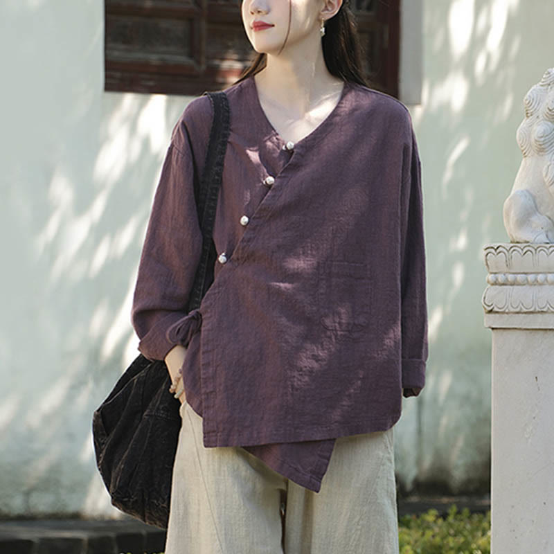 Buddha-Steine, einfarbig, Ramie-Leinen, lockere Bluse, Langarmshirt, chinesisches Hanfu-Oberteil - image 22