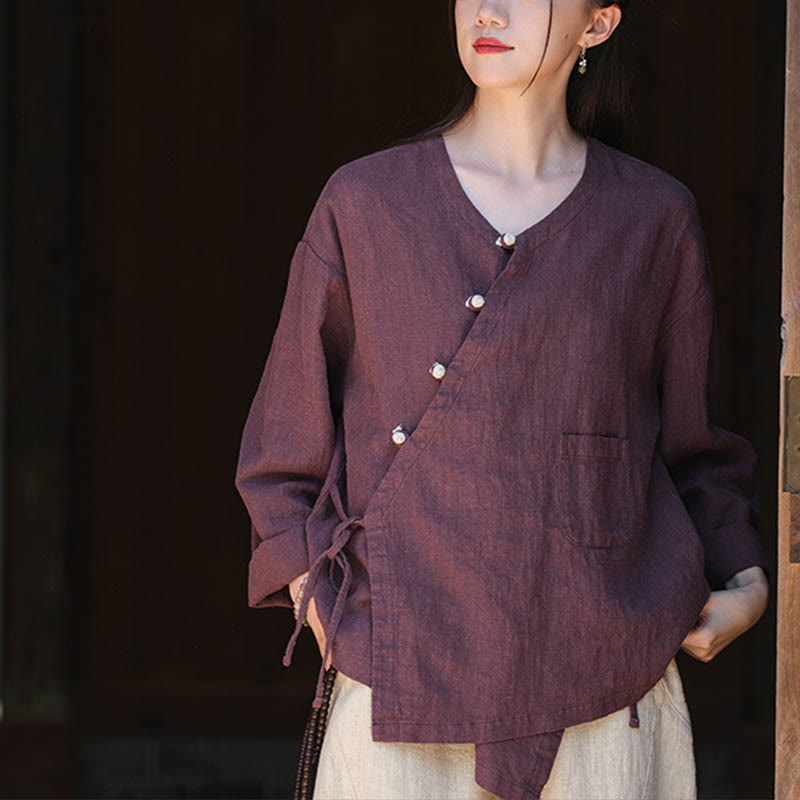Buddha-Steine, einfarbig, Ramie-Leinen, lockere Bluse, Langarmshirt, chinesisches Hanfu-Oberteil - image 18