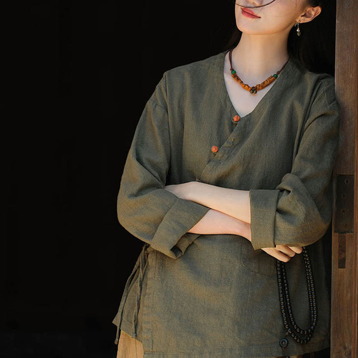 Buddha-Steine, einfarbig, Ramie-Leinen, lockere Bluse, Langarmshirt, chinesisches Hanfu-Oberteil - image 12