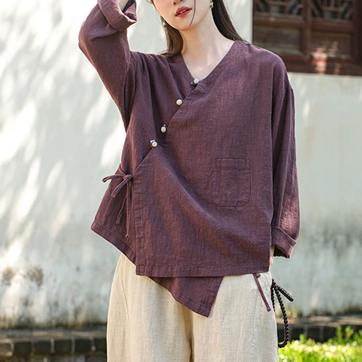 Buddha-Steine, einfarbig, Ramie-Leinen, lockere Bluse, Langarmshirt, chinesisches Hanfu-Oberteil - image 21