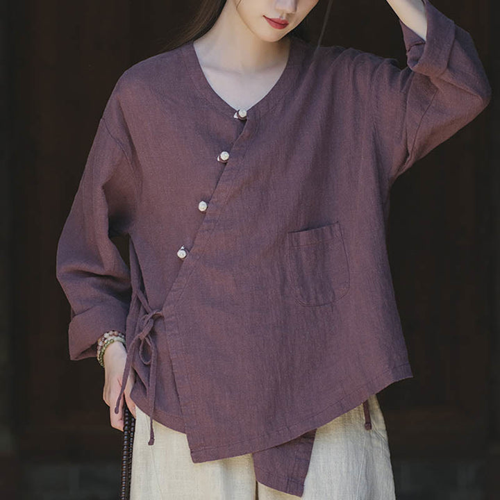 Buddha-Steine, einfarbig, Ramie-Leinen, lockere Bluse, Langarmshirt, chinesisches Hanfu-Oberteil - image 17