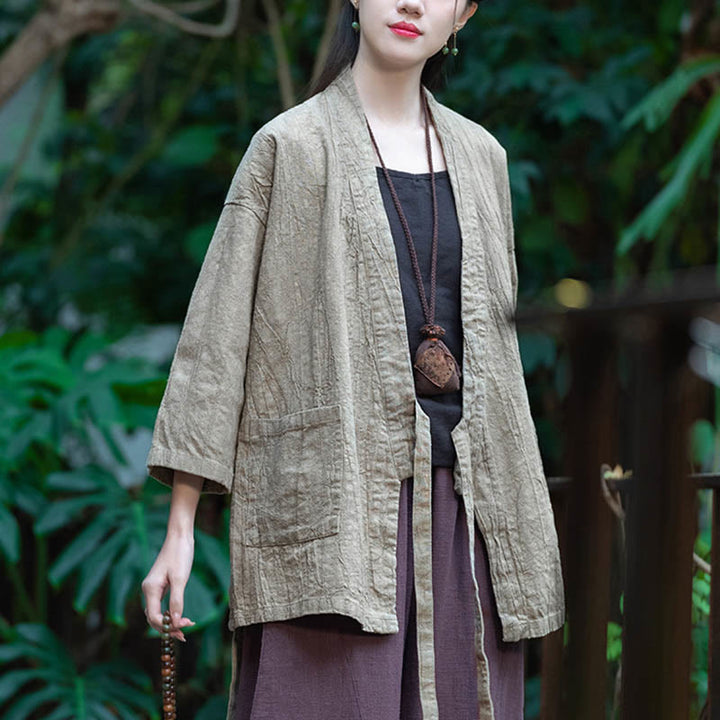 Buddha Stones Hanfu Design Dreiviertelärmel Ramie Leinen Mantel vorne offen Oberteil Jacke