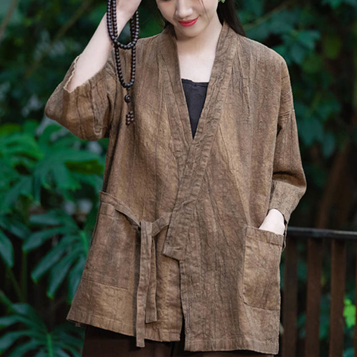 Buddha Stones Hanfu Design Dreiviertelärmel Ramie Leinen Mantel vorne offen Oberteil Jacke - Braun-US4-8/10， UK/AU8-12/14，EU36-40/42 (F)(Nur Mantel) - image 13