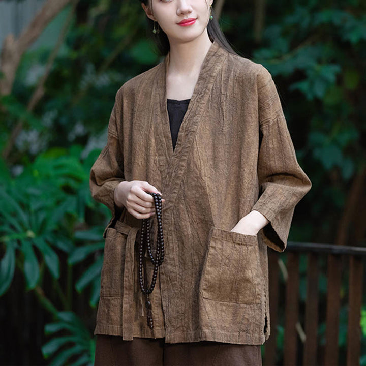 Buddha Stones Hanfu Design Dreiviertelärmel Ramie Leinen Mantel vorne offen Oberteil Jacke - image 16