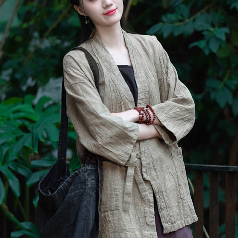 Buddha Stones Hanfu Design Dreiviertelärmel Ramie Leinen Mantel vorne offen Oberteil Jacke - image 1