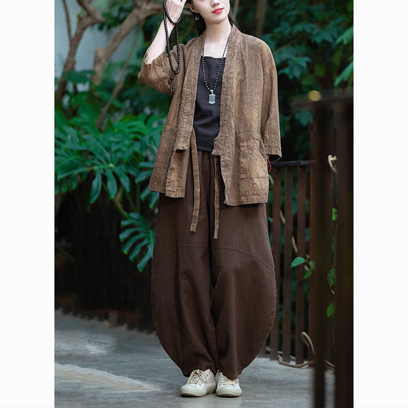 Buddha Stones Hanfu Design Dreiviertelärmel Ramie Leinen Mantel vorne offen Oberteil Jacke