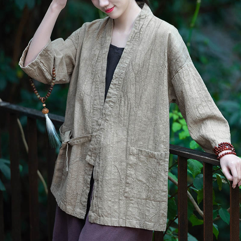 Buddha Stones Hanfu Design Dreiviertelärmel Ramie Leinen Mantel vorne offen Oberteil Jacke