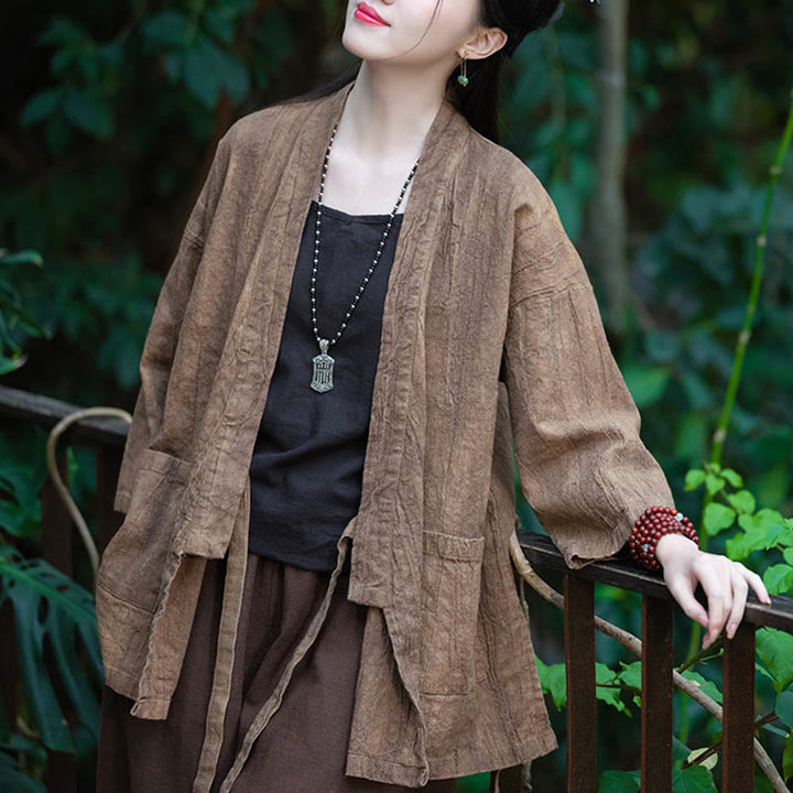 Buddha Stones Hanfu Design Dreiviertelärmel Ramie Leinen Mantel vorne offen Oberteil Jacke