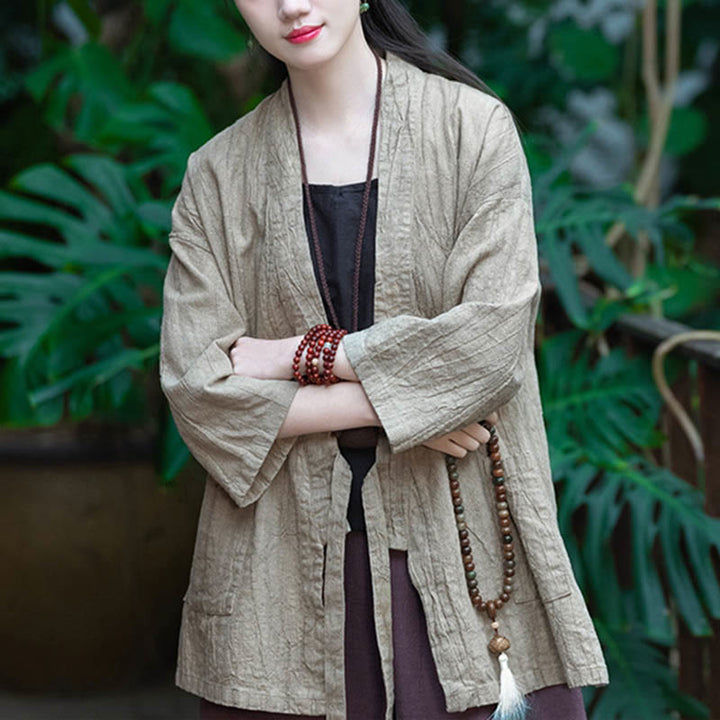 Buddha Stones Hanfu Design Dreiviertelärmel Ramie Leinen Mantel vorne offen Oberteil Jacke - image 5