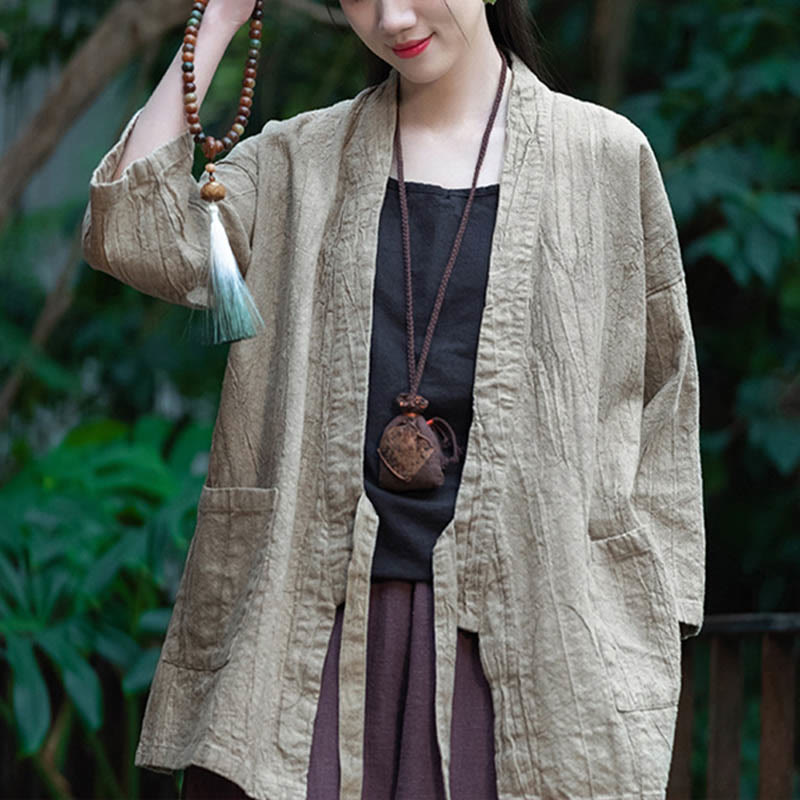 Buddha Stones Hanfu Design Dreiviertelärmel Ramie Leinen Mantel vorne offen Oberteil Jacke - Beige-US4-8/10， UK/AU8-12/14，EU36-40/42 (F)-(Nur Mantel) - image 0