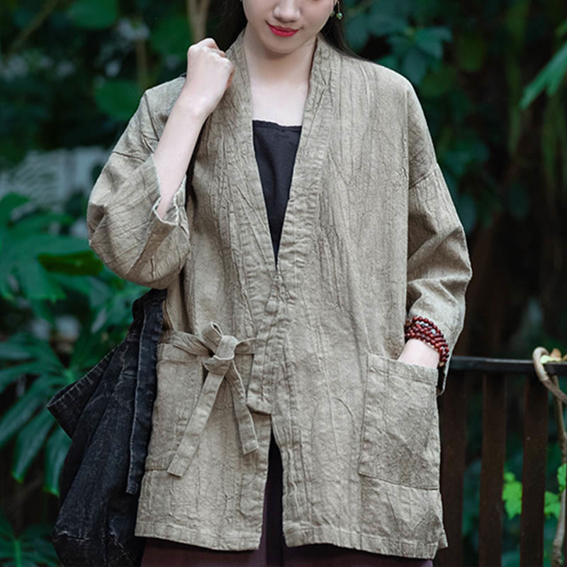 Buddha Stones Hanfu Design Dreiviertelärmel Ramie Leinen Mantel vorne offen Oberteil Jacke - image 8