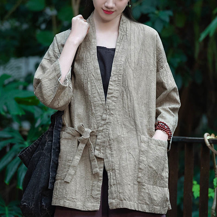 Buddha Stones Hanfu Design Dreiviertelärmel Ramie Leinen Mantel vorne offen Oberteil Jacke - image 8