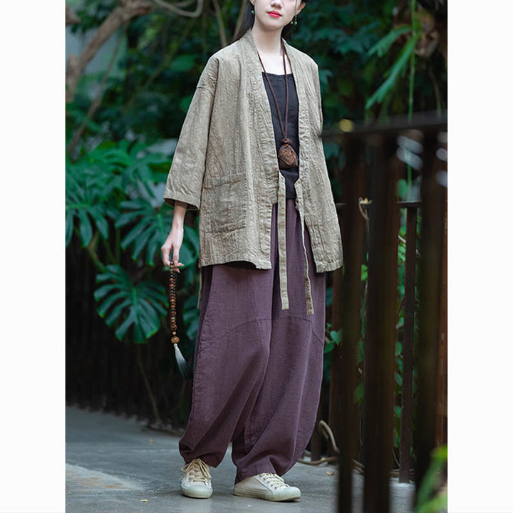 Buddha Stones Hanfu Design Dreiviertelärmel Ramie Leinen Mantel vorne offen Oberteil Jacke