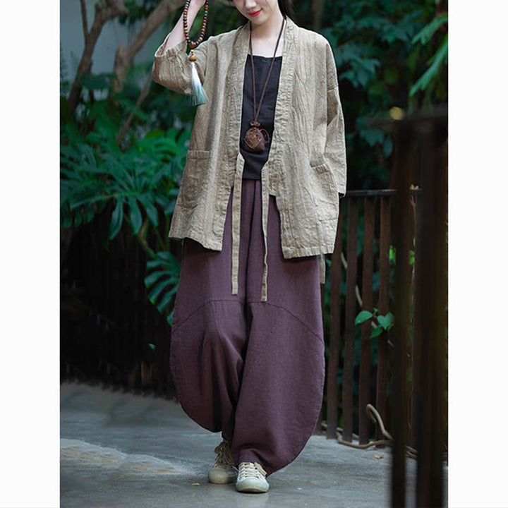 Buddha Stones Hanfu Design Dreiviertelärmel Ramie Leinen Mantel vorne offen Oberteil Jacke