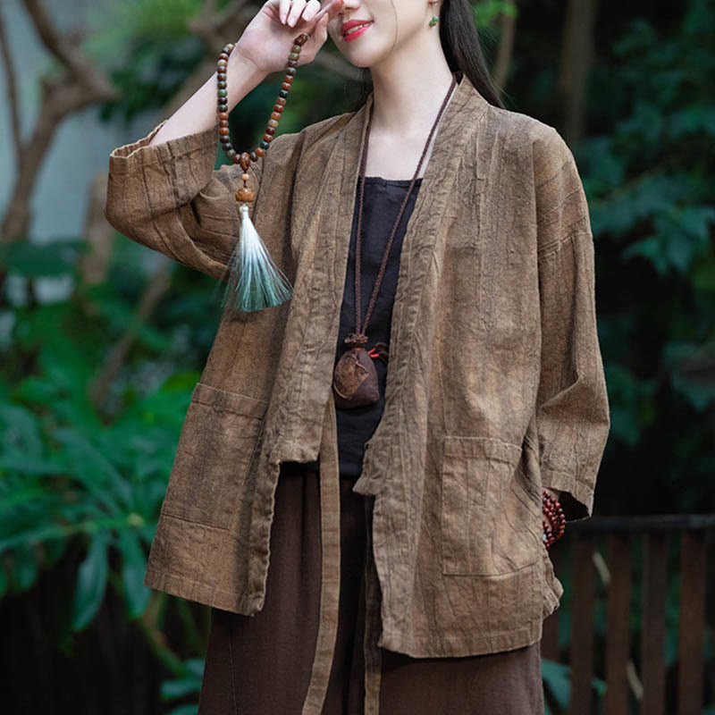 Buddha Stones Hanfu Design Dreiviertelärmel Ramie Leinen Mantel vorne offen Oberteil Jacke